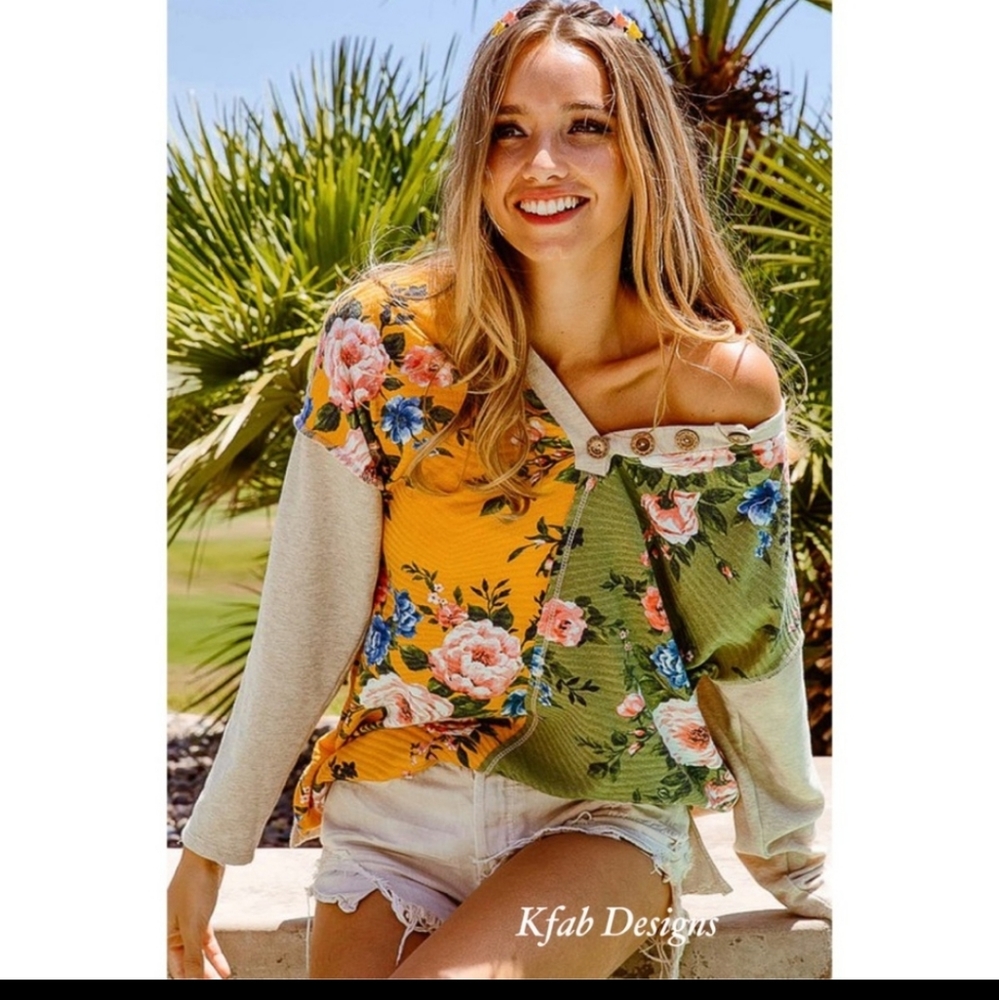 Floral Color Block Henley Top